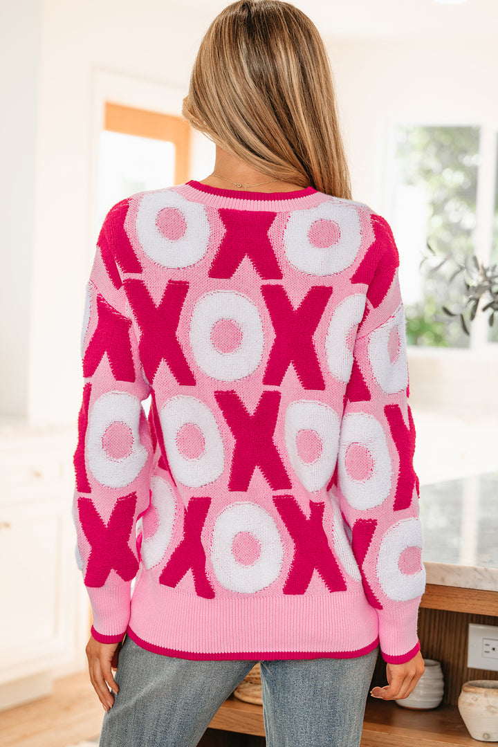 XOXO Pattern Drop Shoulder Crewneck Valentines Sweater