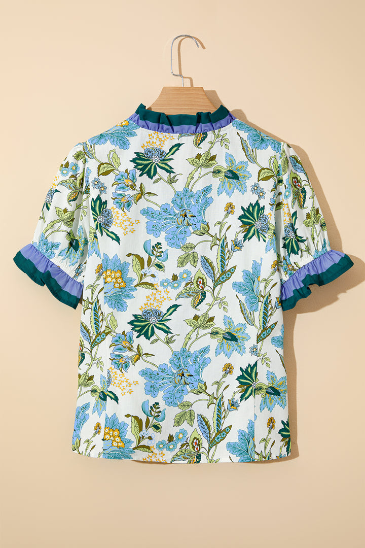 Floral Print Contrasted Frilled Striped Trim Short Sleeve Blouse