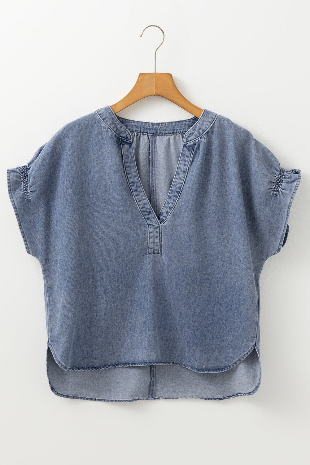 V Neck Ruffled Short Puff Sleeve Denim Top