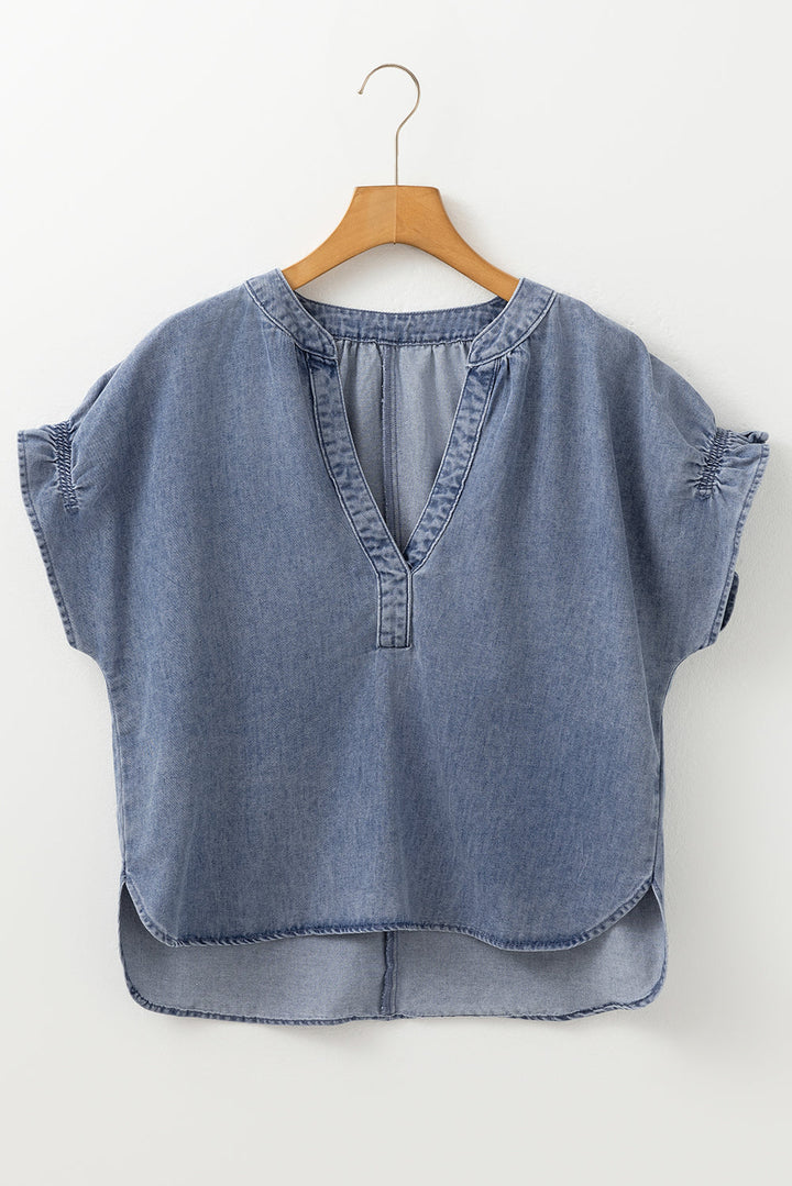 V Neck Ruffled Short Puff Sleeve Denim Top