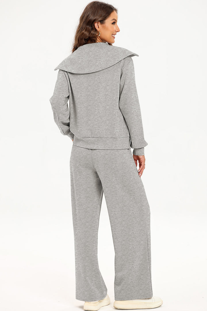 Light Grey Solid Zip Sailor Collar Pullover Athleisure Sweatpants 2pcs Set