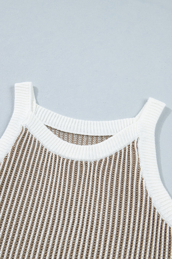 Pale Khaki Contrast Trim Ribbed Knit Sweater Tank Top