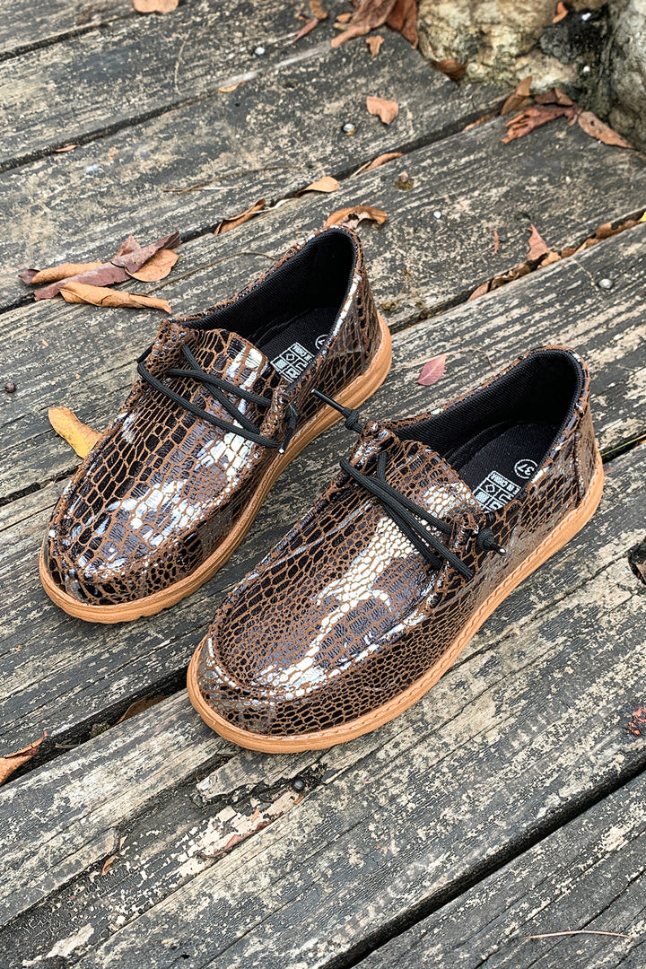 Sleek Snake Skin Print Lace-up Detail Comfort Loafer Shoes