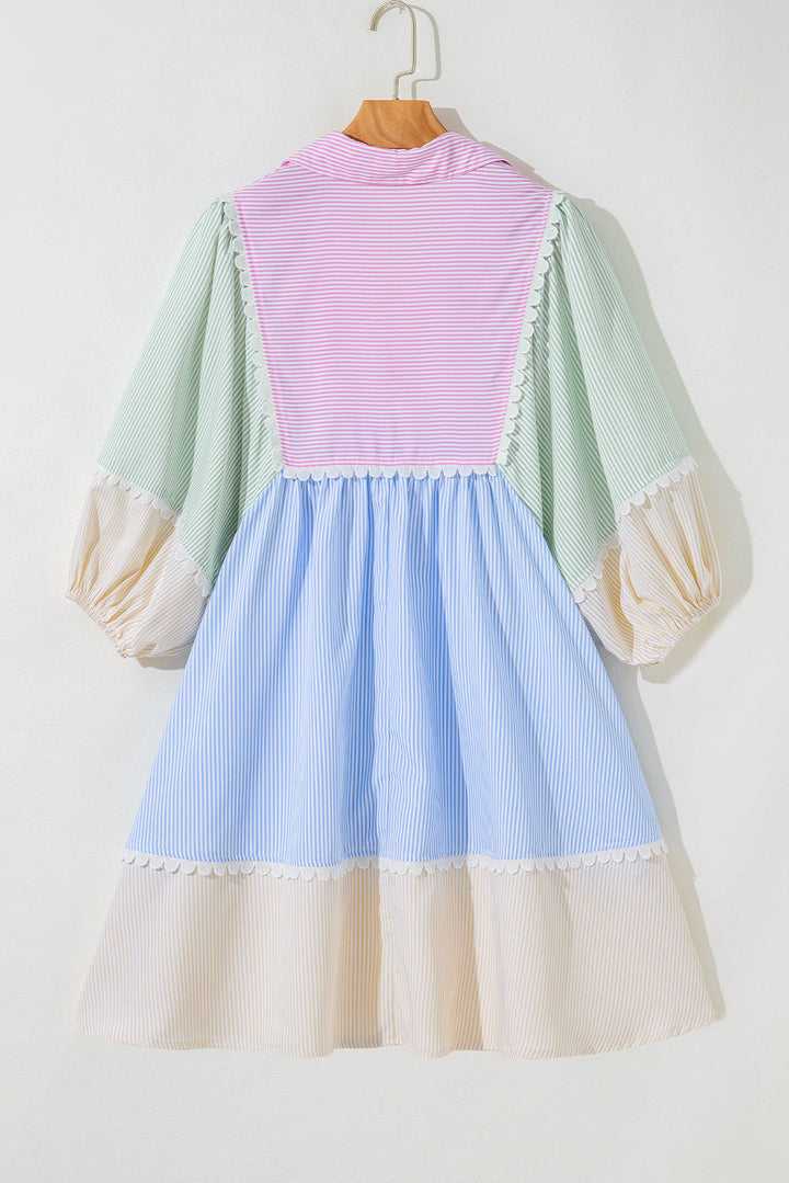 striped patchwork ric rac puff sleeve collared mini dress