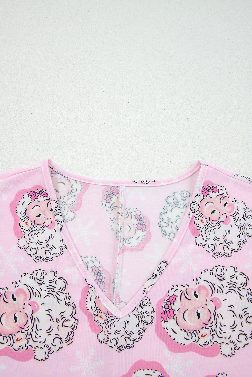 Pink Santa Claus Print V Neck Tee Drawstring Pants 2pcs Lounge Set