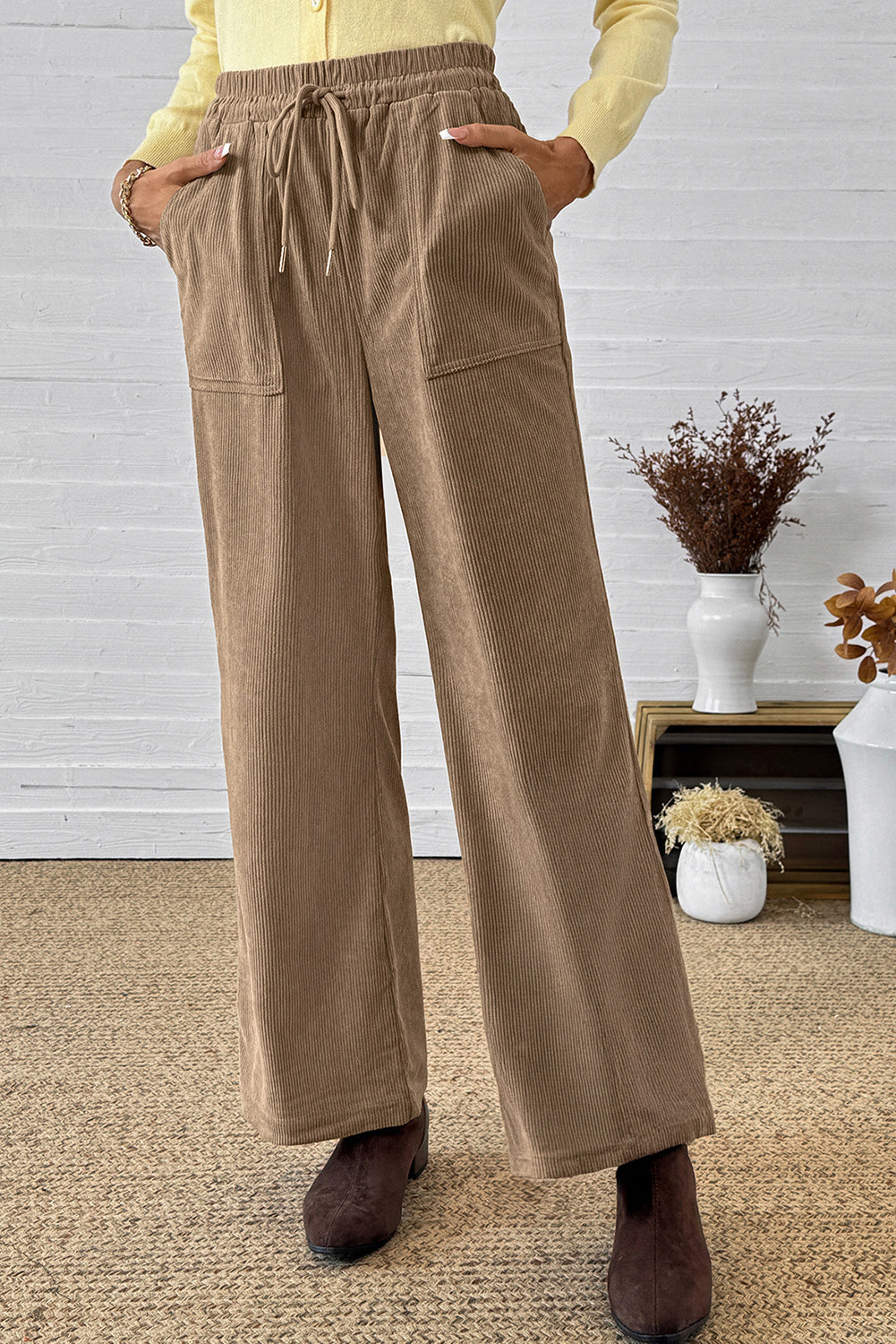 Parchment Tie Elastic Waist Soft Corduroy Pants