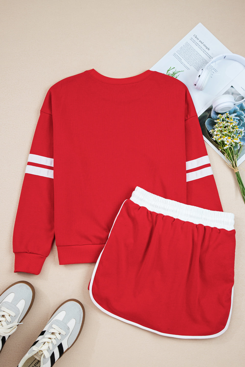 Fiery Red Varsity Stripe Detail Pullover Mini Skort Set