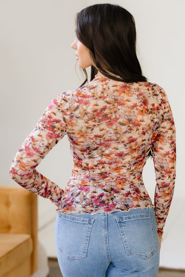 Lettuce Trim Floral Print Mesh Long Sleeve Top