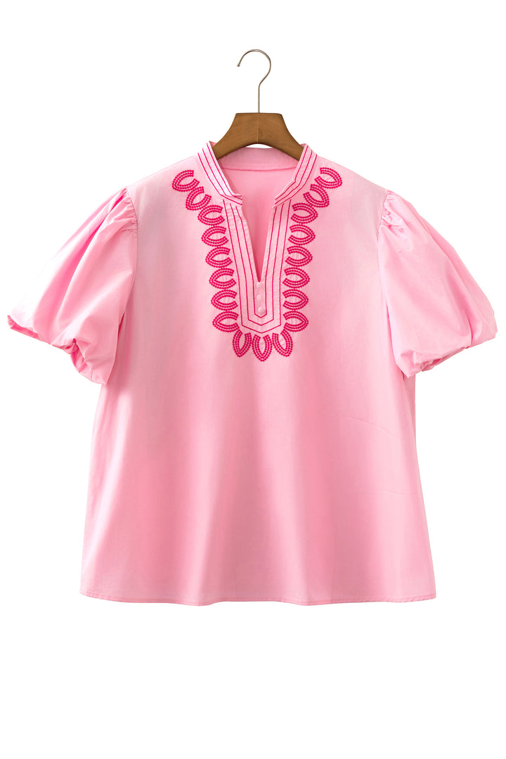 Cute Pink Boho Embroidered Detail Puff Sleeve Cotton Blouse