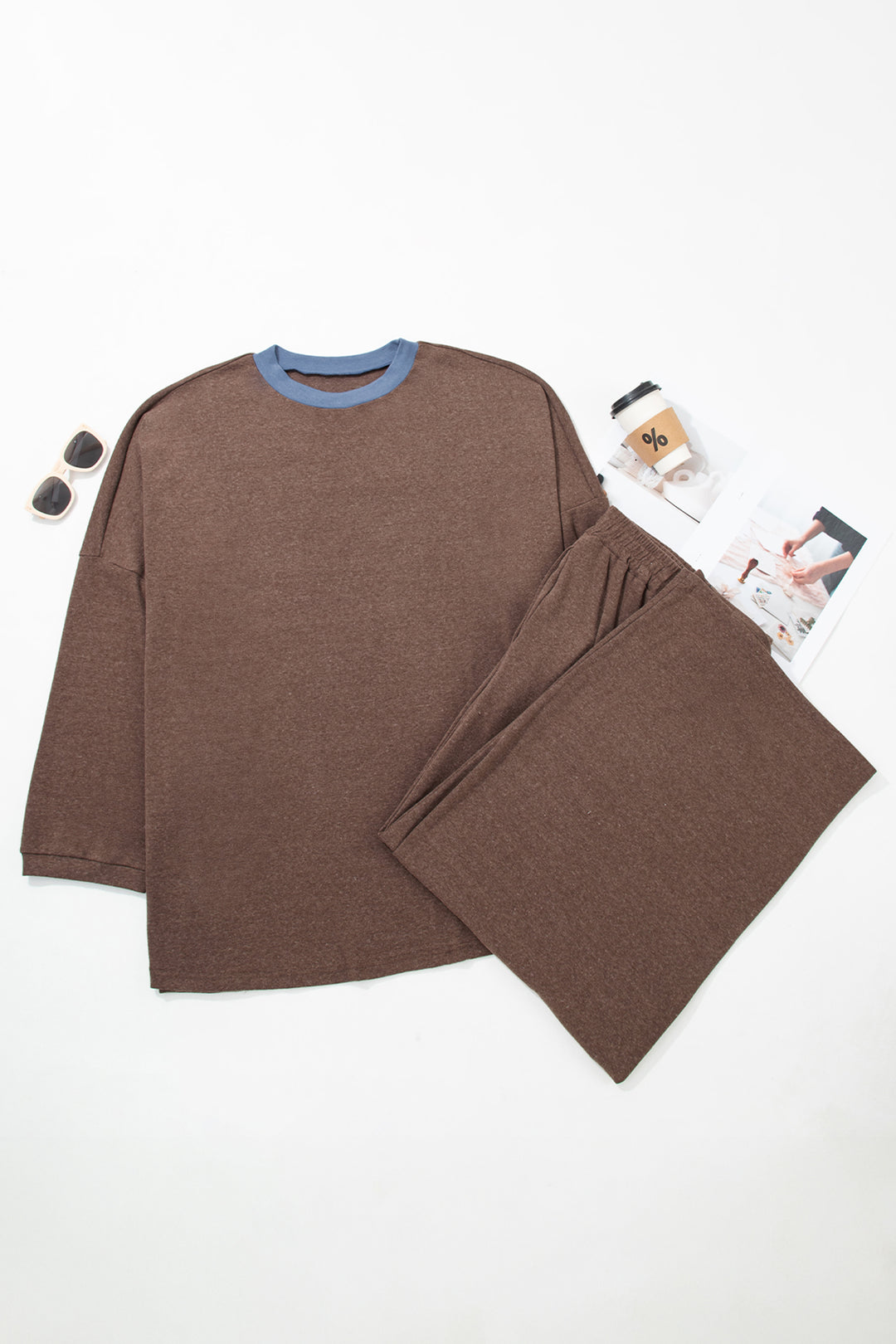 Dark Brown Long Sleeve Round Neck Patchwork Plus Size Set