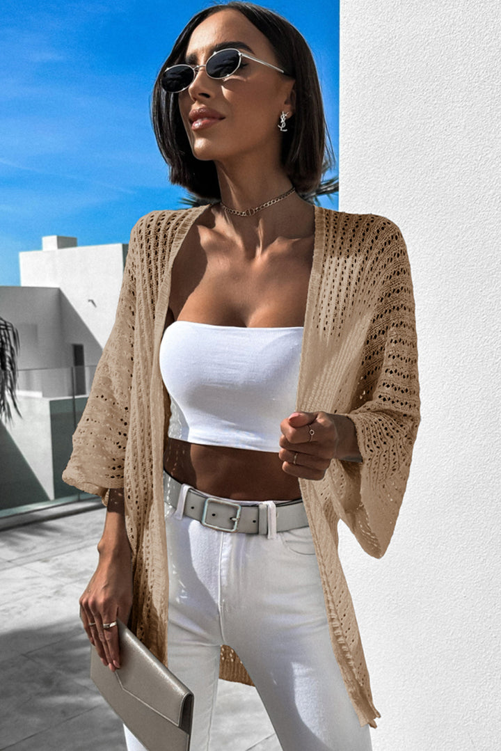 Light French Beige Solid Color Crochet Knit Open Front Tunic Sweater Cardigan