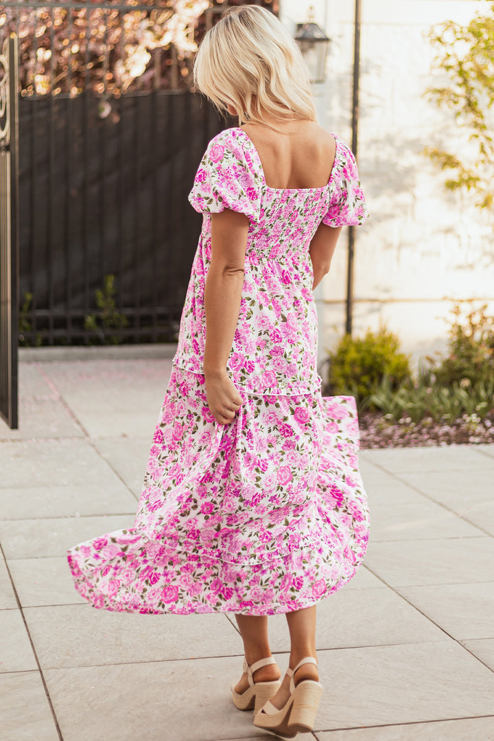 Dainty Floral Smocked Puff Sleeve Flowy Long Dress