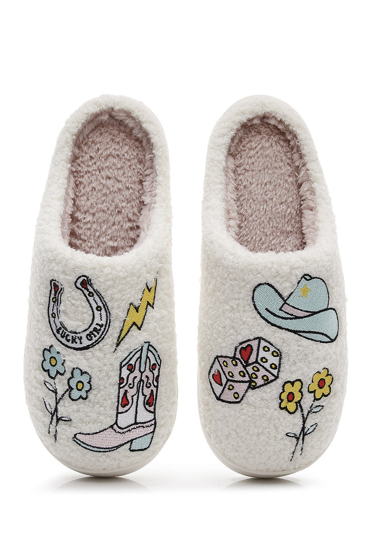 Asymmetric Embroidered Pattern Cowgirl Plush House Slippers