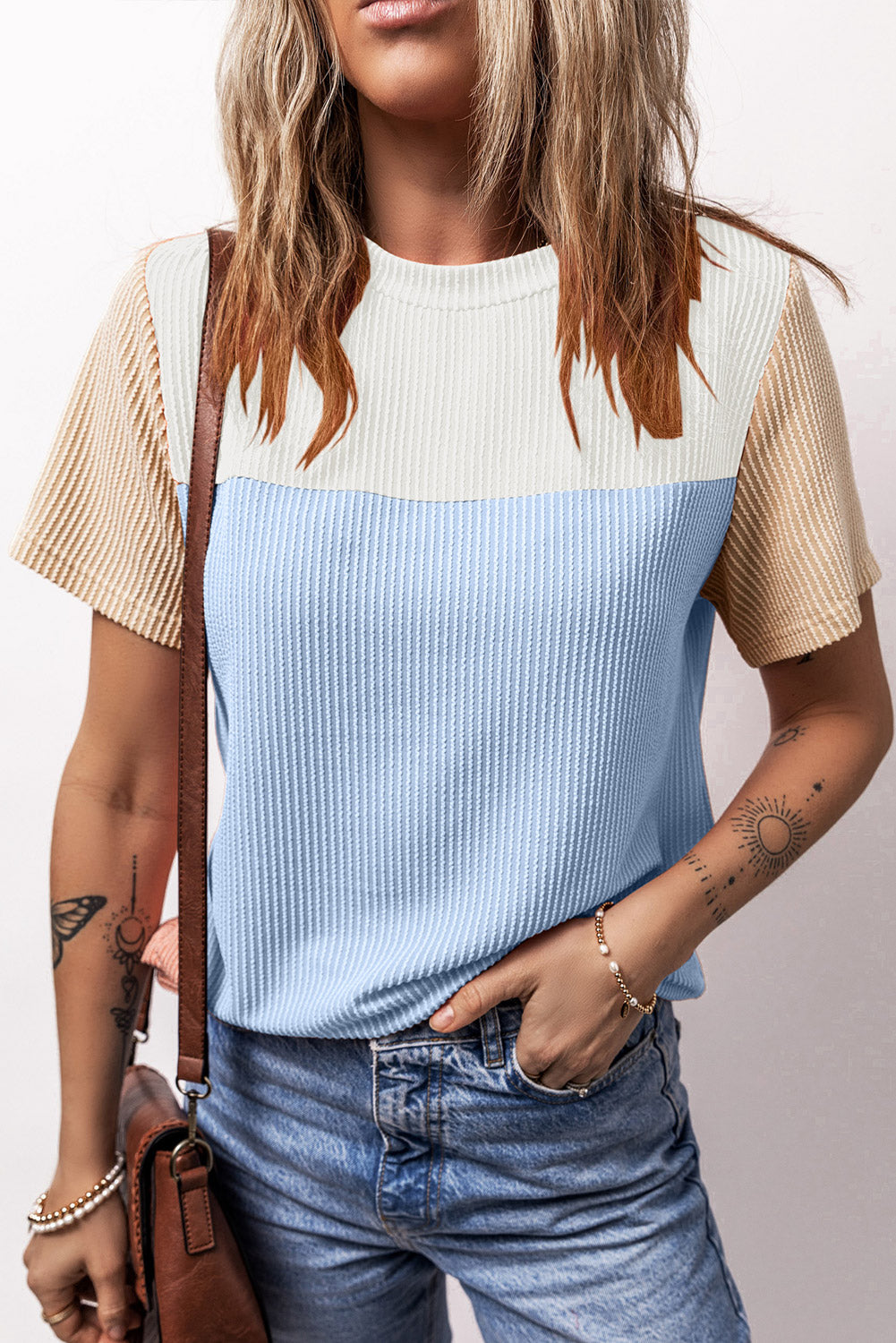 rib textured colorblock t shirt