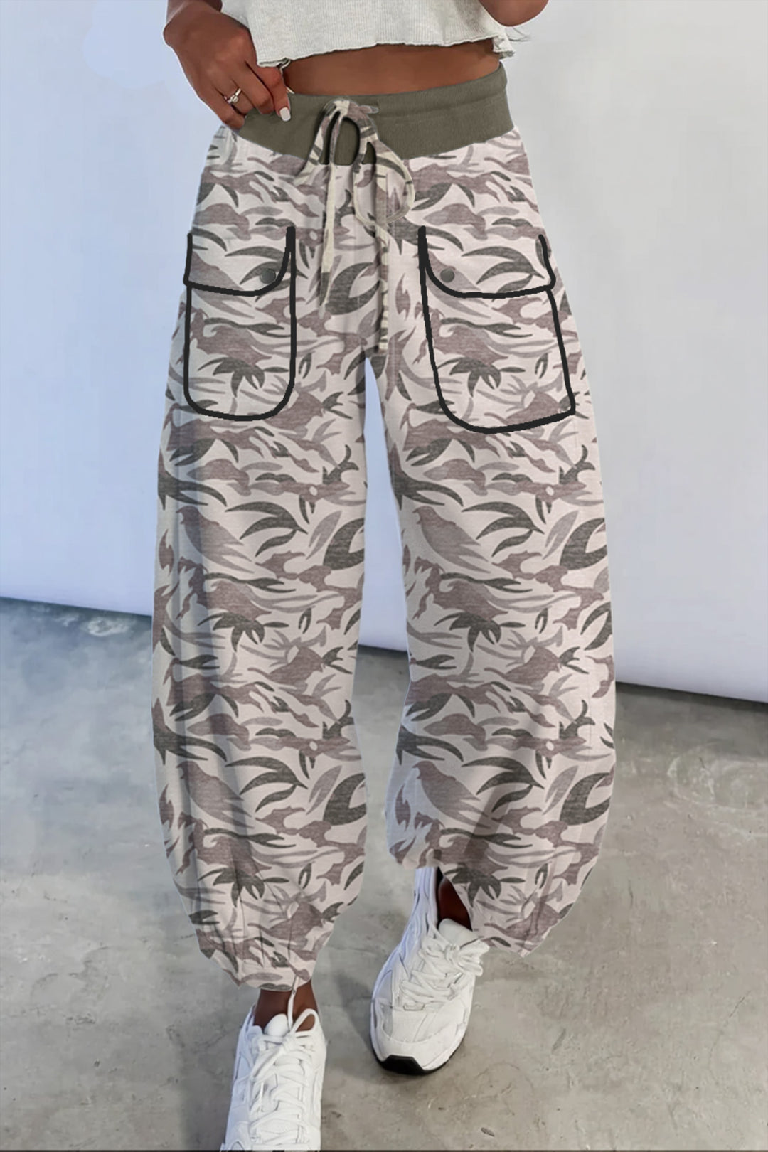 Khaki Drawstring Contrast Waistband Camouflage Joggers Pants