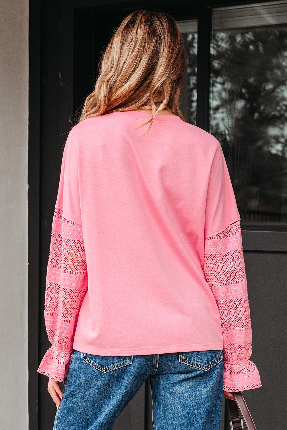 Drop Shoulder Lace Ruffled Sleeve Patchwork Loose Sweatshirt