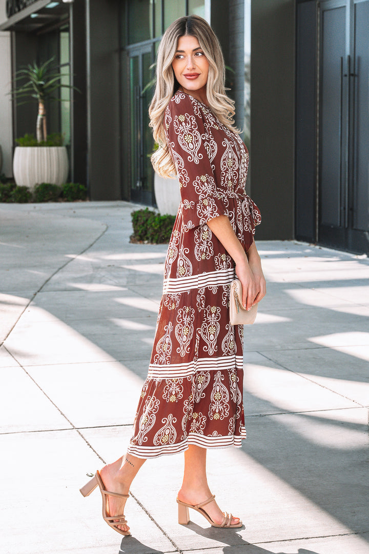 Floral Print Belted Striped Trim Tiered Maxi Dress
