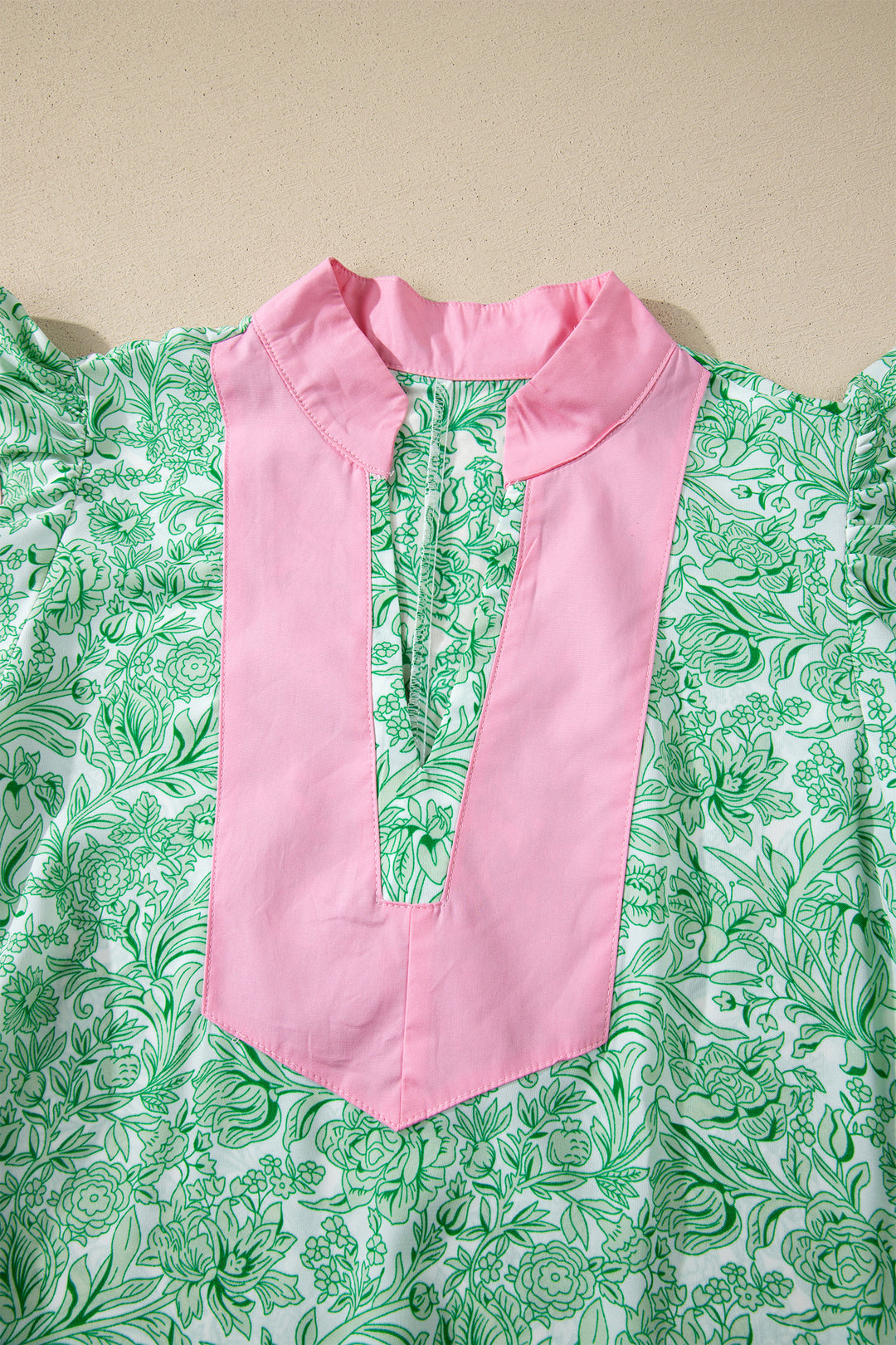 Green Floral Print Color Block Patchwork V Neck Short Sleeve Midi Dress