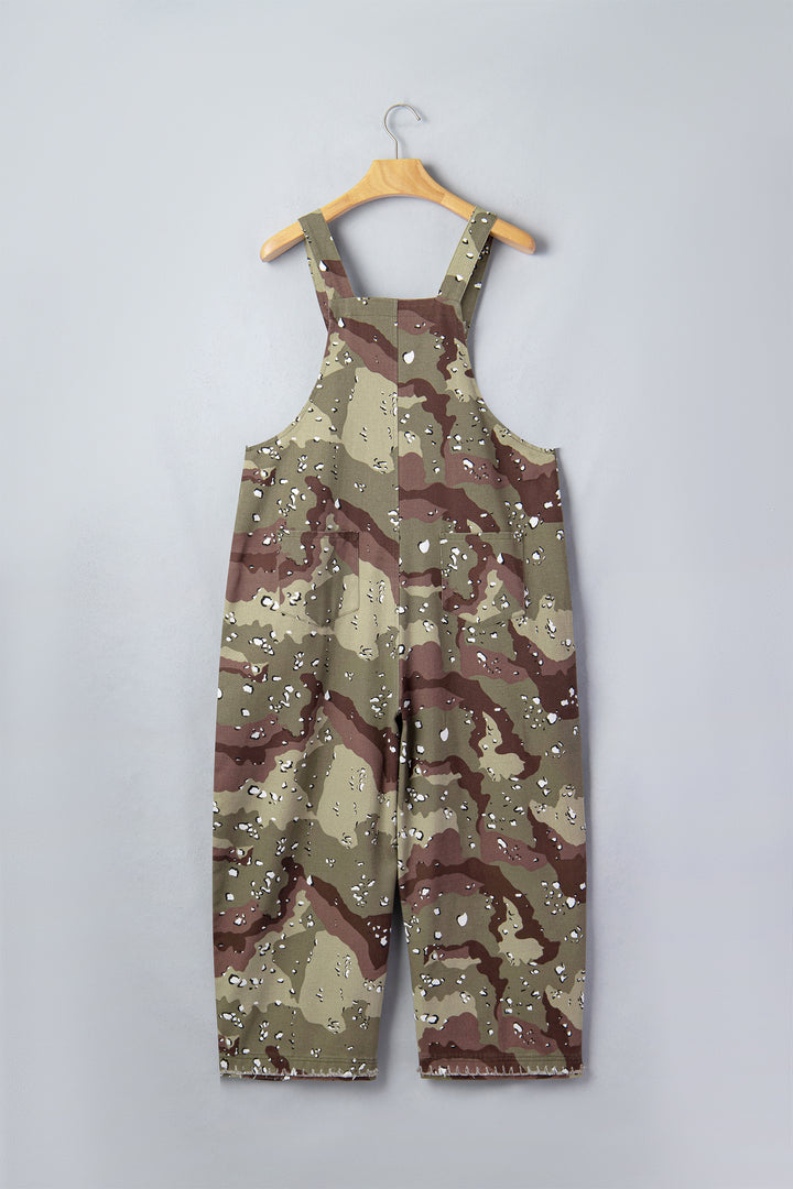 Green Camouflage Print Leopard Detail Loose Denim Overall Cropped Jumpsuit