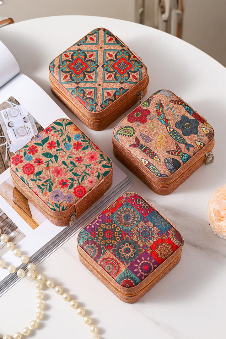 Retro Floral Print Portable Square Jewelry Box