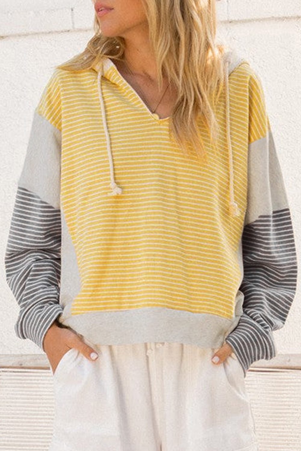 Color Block Drawstring V Neck Loose Fit Hooded Top