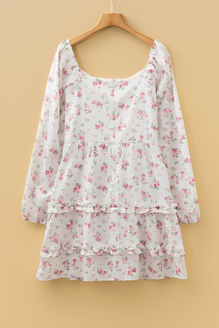 Floral Print Long Sleeve Ruffle Detail Flared Mini Dress