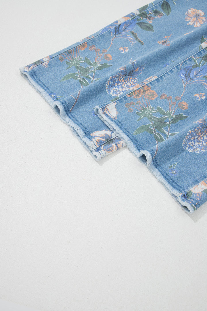 Sky Blue Retro Floral Print Frayed Hem Shift Jeans