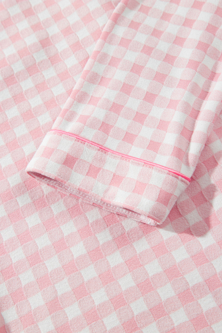 Pink Gingham Long Sleeve Lapel Shirt 2pcs Pajama Pant Set