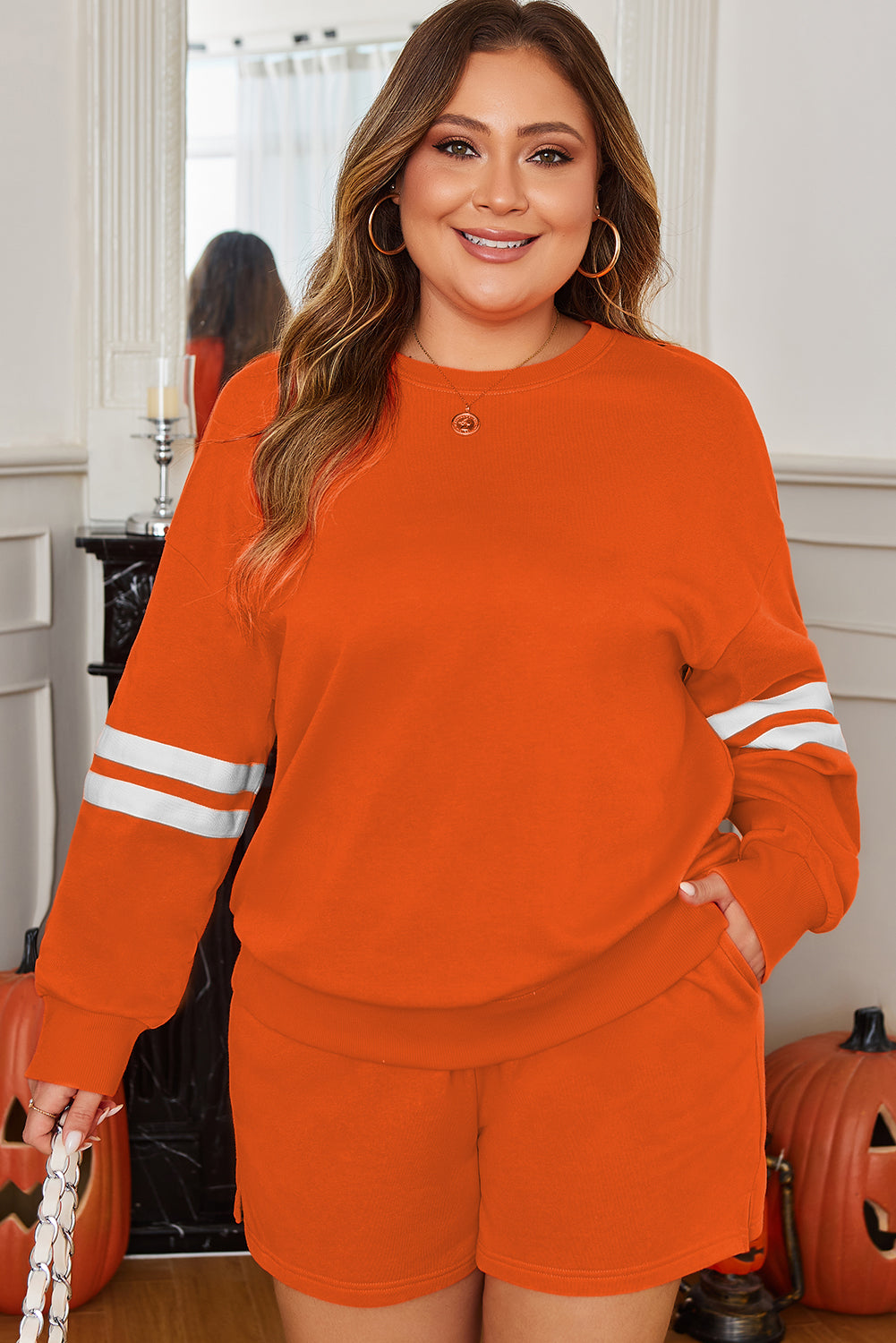 Orange Plus Size Varsity Striped Pullover Drawstring Elastic Waistband Short Set