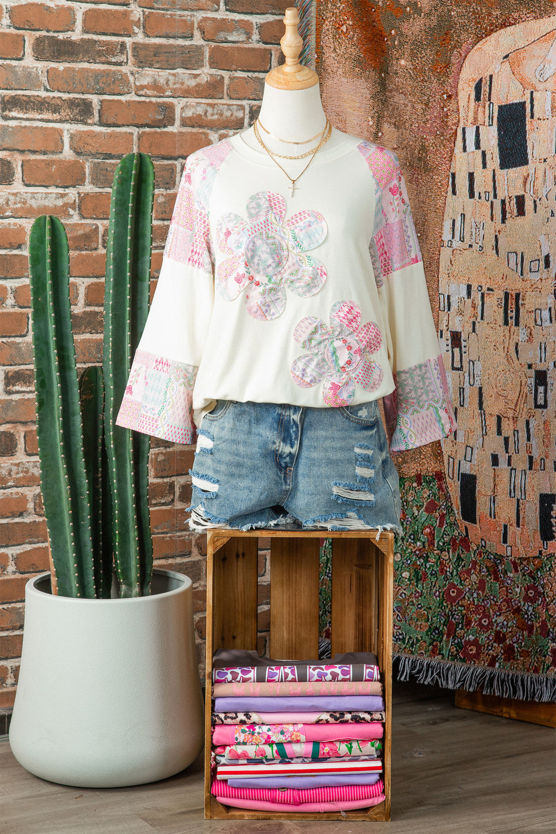 Beige Color Block Retro Floral Patchwork Long Sleeve Top