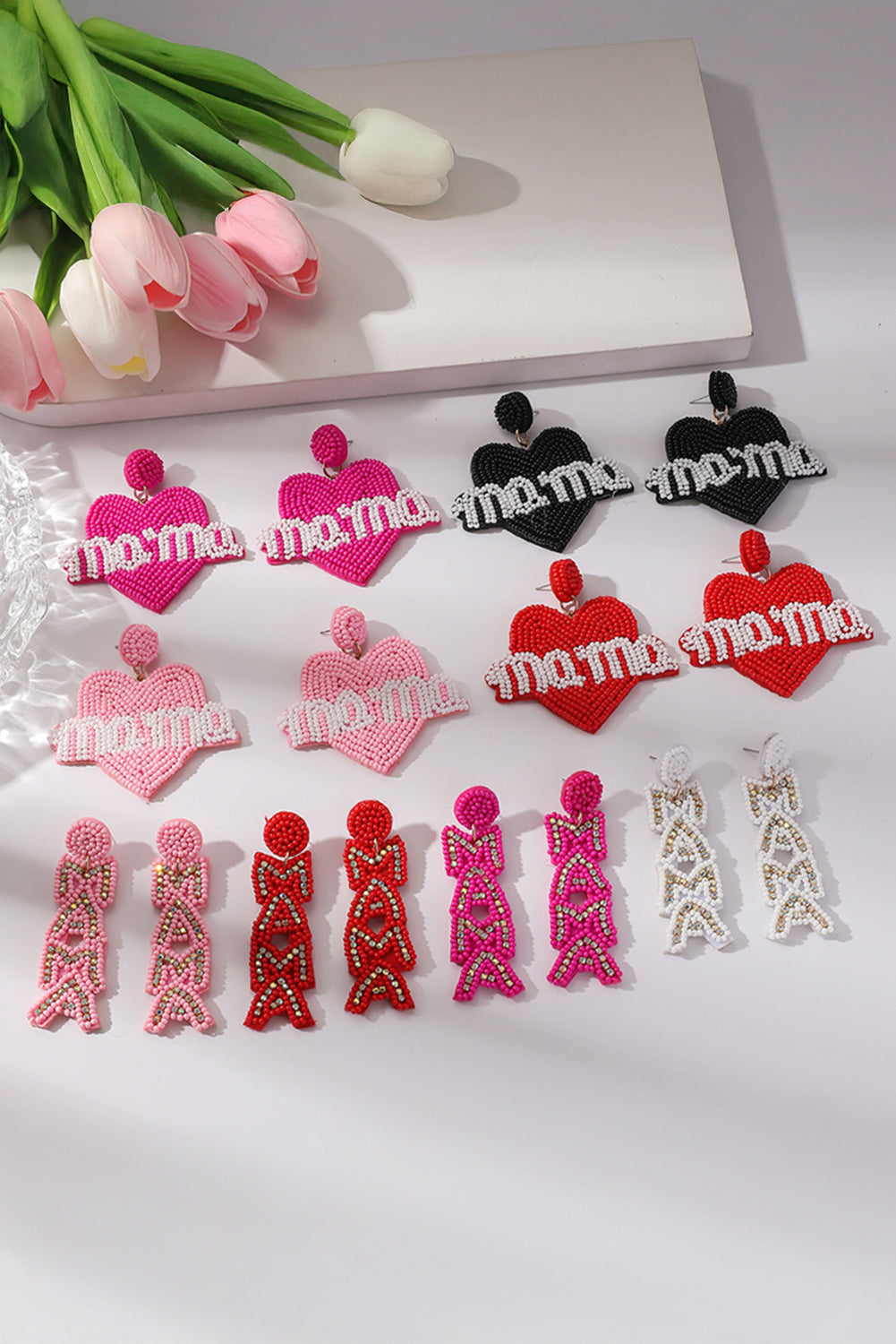 Mama Heart Shape Beaded Stud Earrings