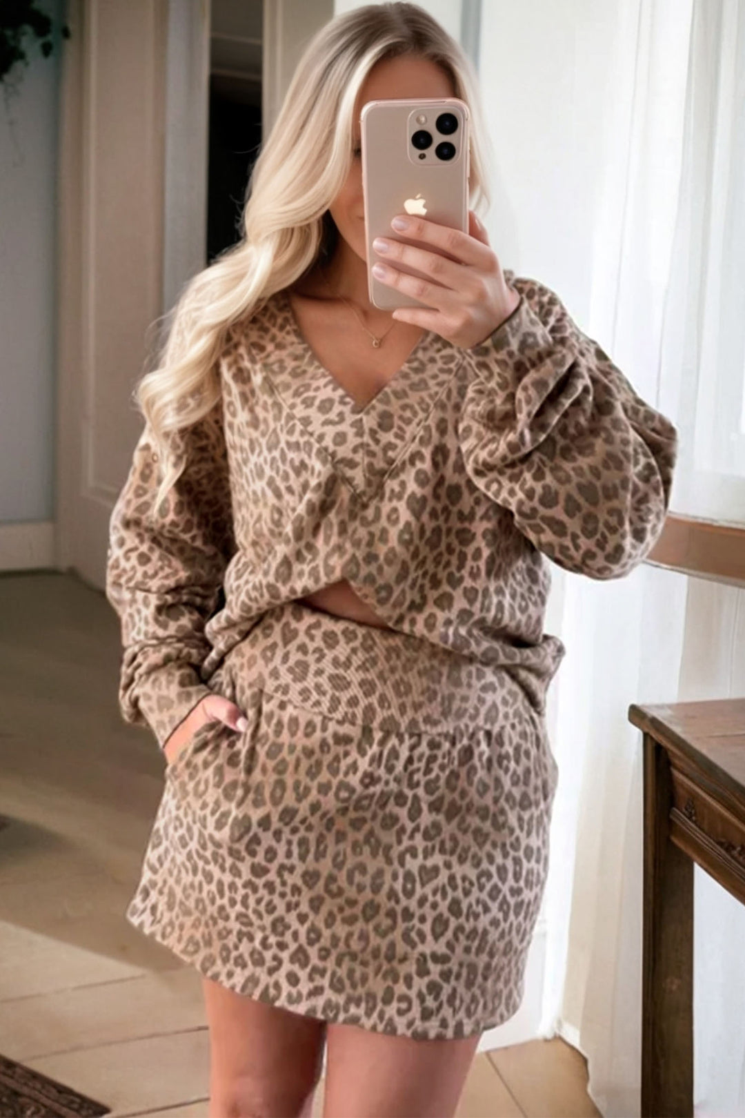 Light French Beige Leopard Print Pullover Mini Skirt 2pcs Set