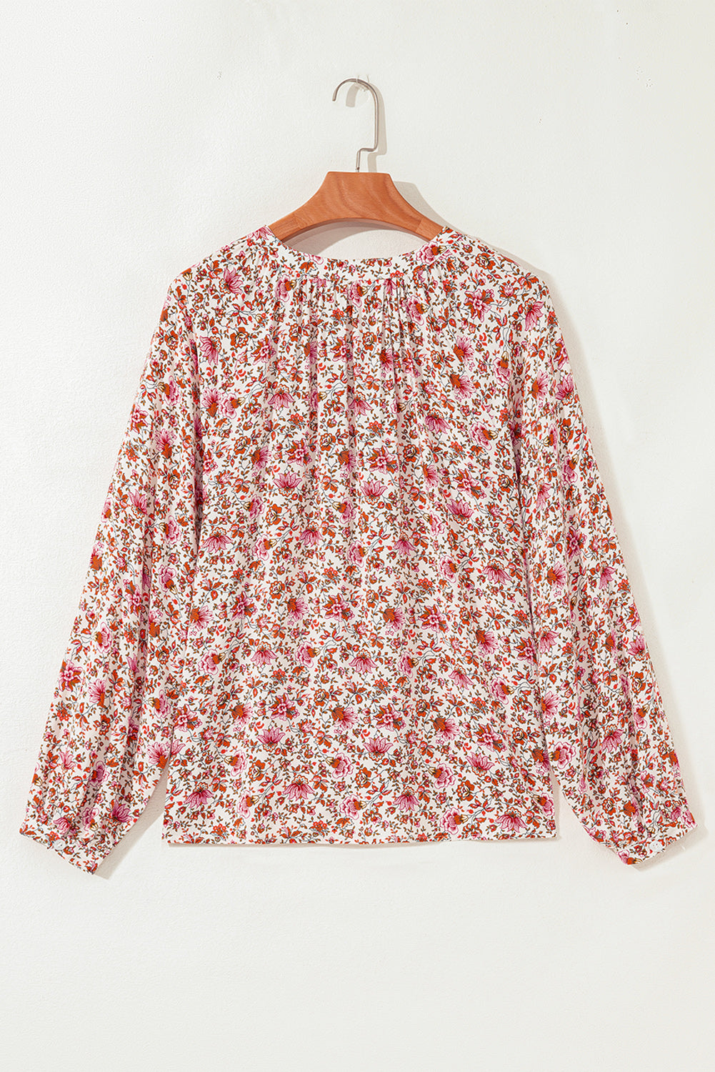 Floral Print Pleated Detail Notched Neck Puff Sleeve Blouse