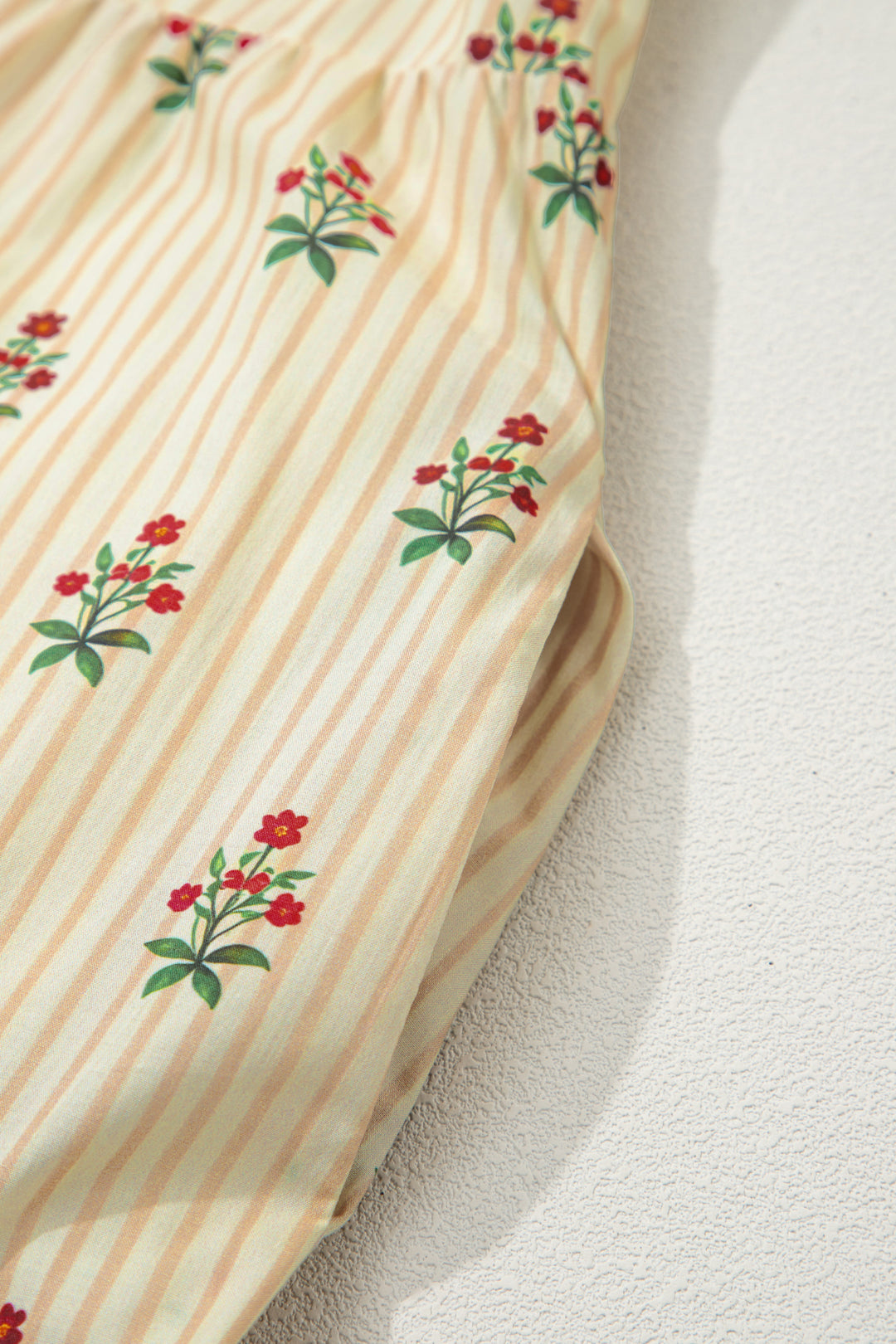 Apricot Striped Floral Print Contrast Detail Ruffle Hem Short Dress