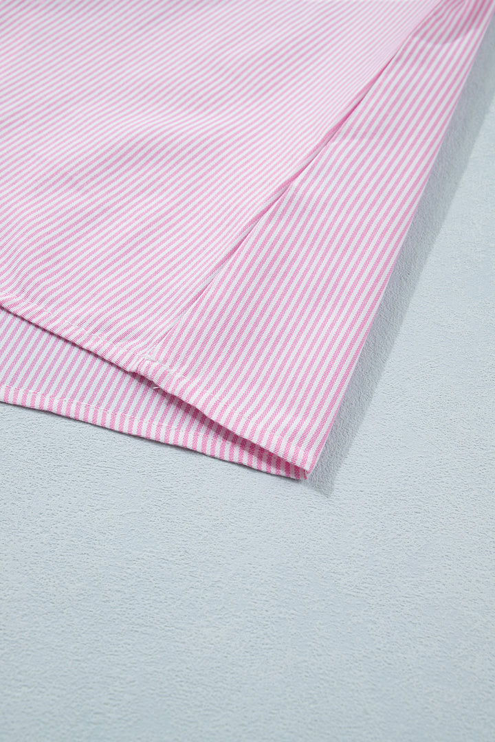 Pink Striped Print Collared Split Neck Half Sleeve Blouse