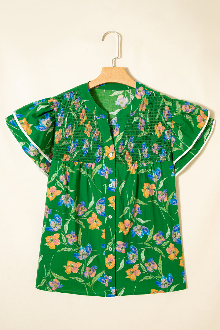 Green Plus Size Ruffled Short Sleeve Cotton Floral Top