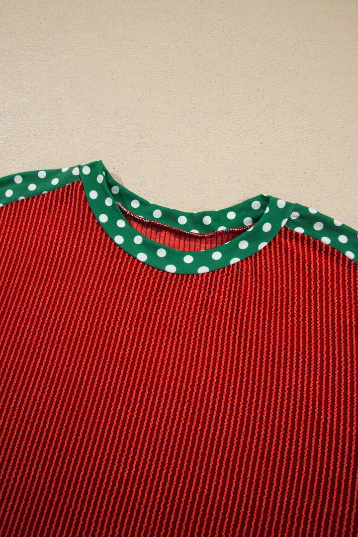 Red Cozy Ribbed Patchwork Polka Dot Trim Long Sleeve 2pcs Pant Set