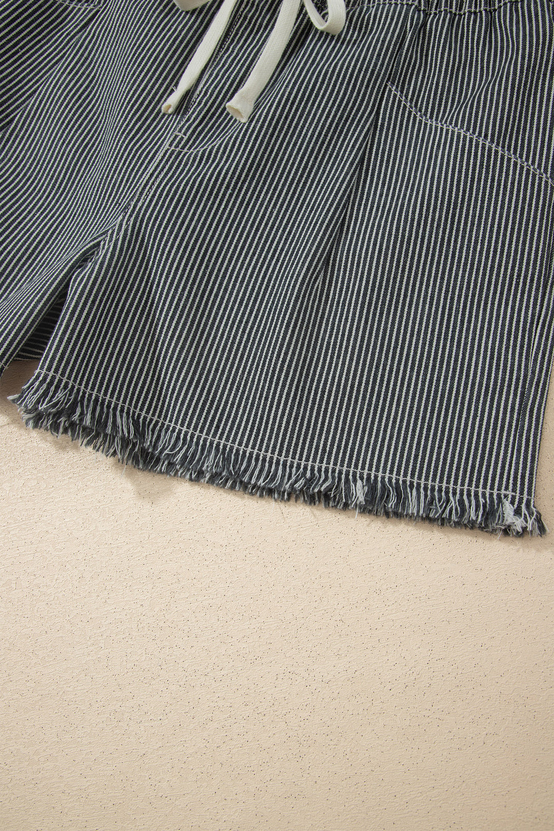 Black Stripe Raw Edge Drawstring Elastic Waist Casual Denim Shorts