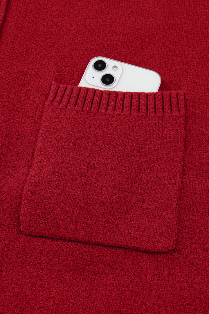 Ribbed High Neck Front Pockets Center Seam Shift Sweater Dress