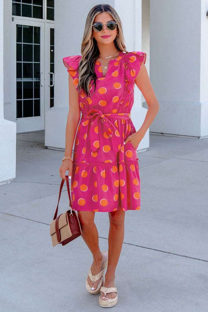 Rose Double Polka Dot V Neck Ruffled Short Sleeve Short Dress