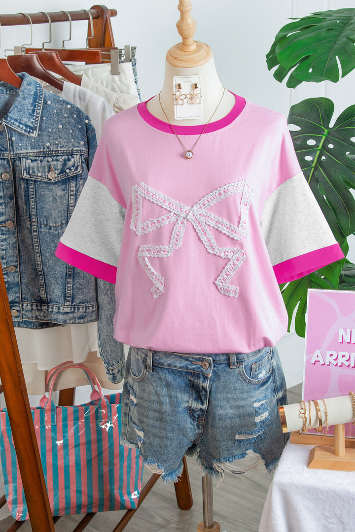 Gossamer Pink Embroidered Bow Detail Color Block Loose Tee