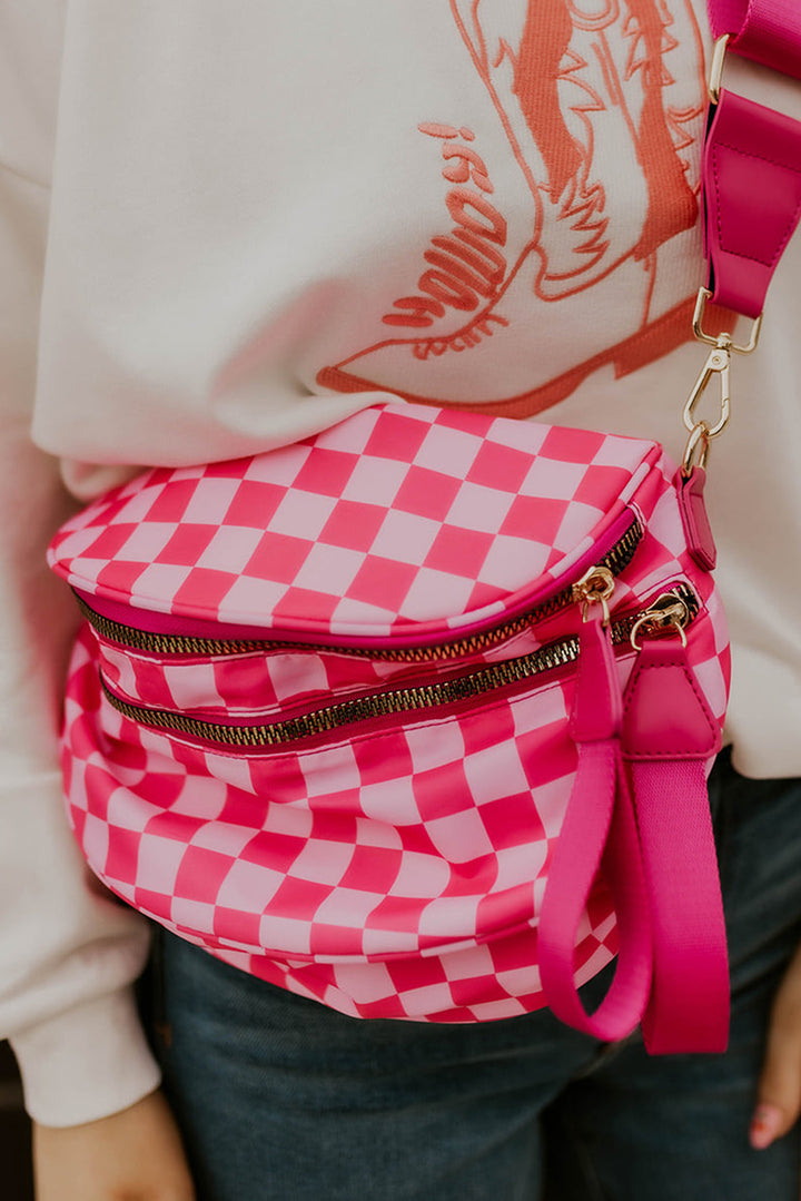 Checkered Print Wide Strap Large Crossbody Bag