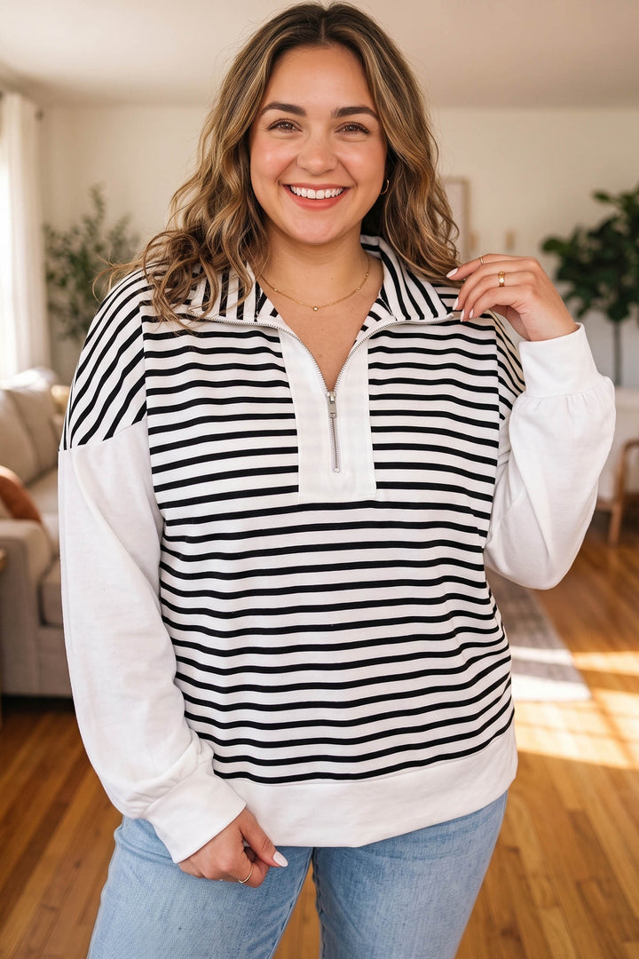 White Striped Long Sleeve Shift Plus Size Blouse