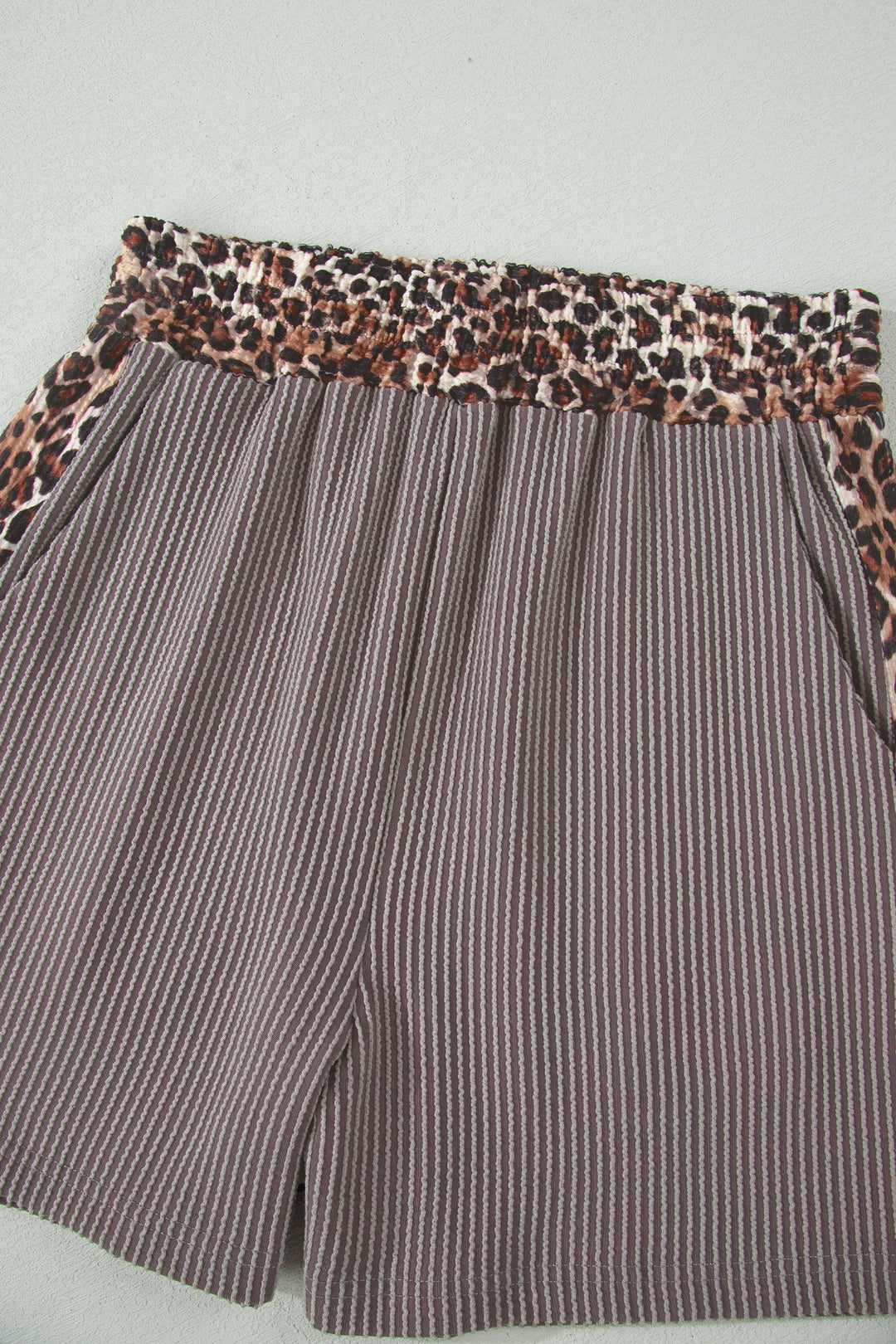 Light Grey Leopard Trim Twist Ribbed Short Set