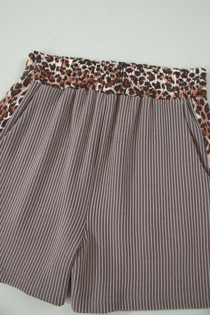 Light Grey Leopard Trim Twist Ribbed Short Set