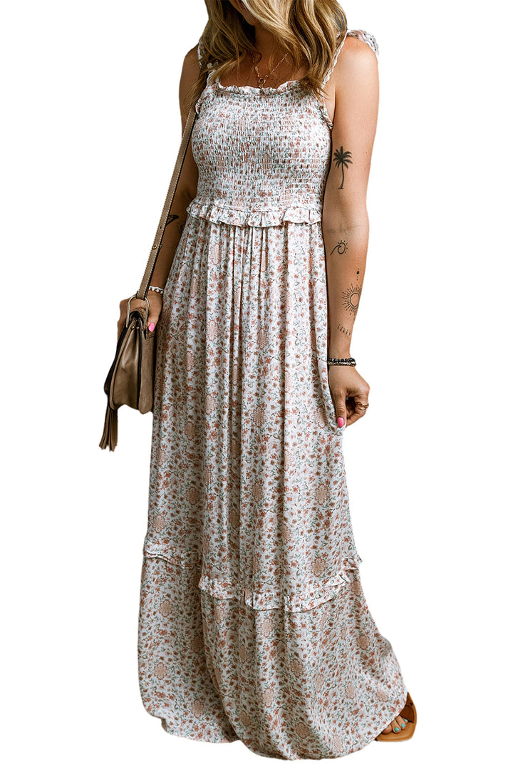 Lace Frilly Straps Shirred Floral Maxi Dress