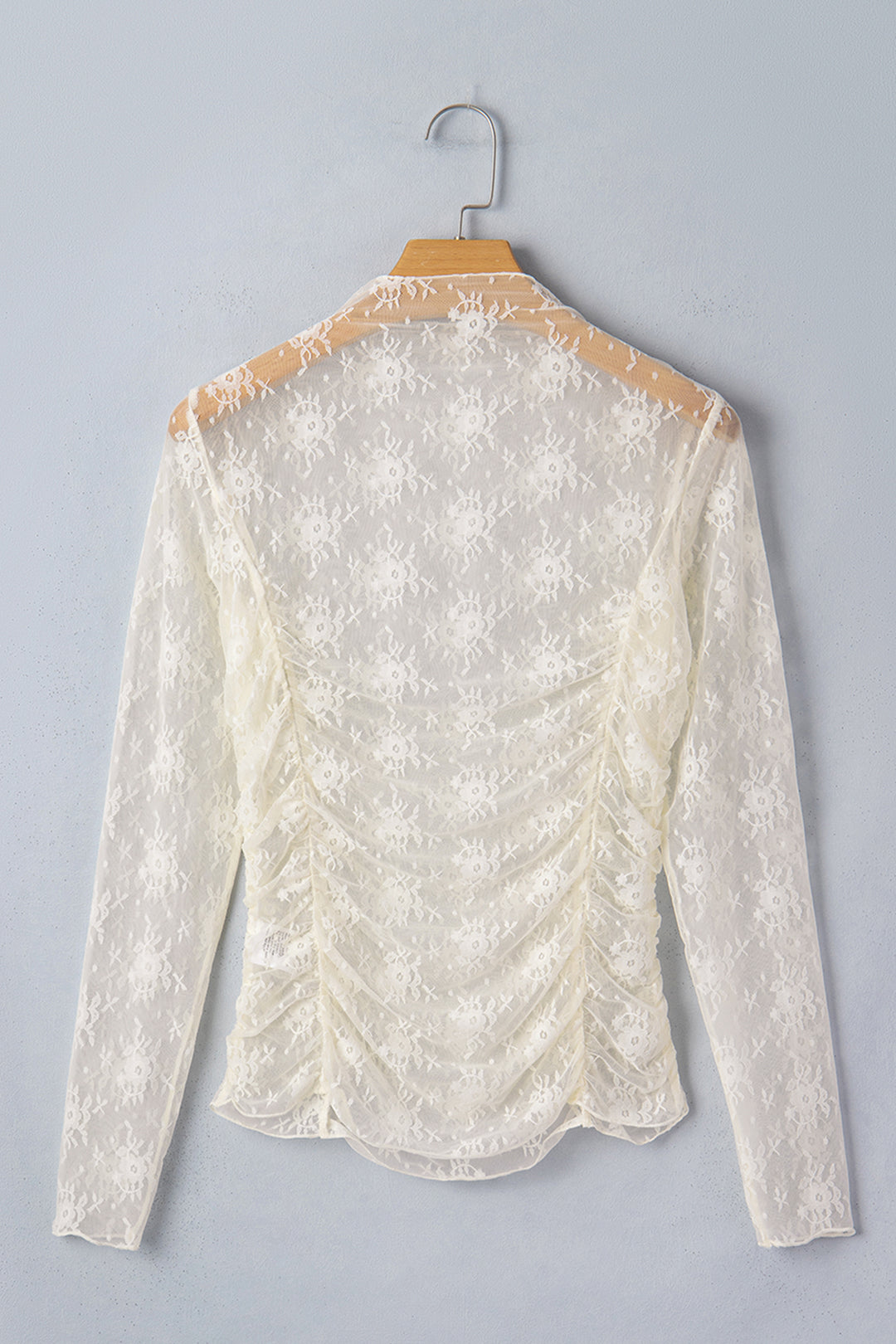 Jet Stream Sheer Floral Mesh Ruched Long Sleeve Top