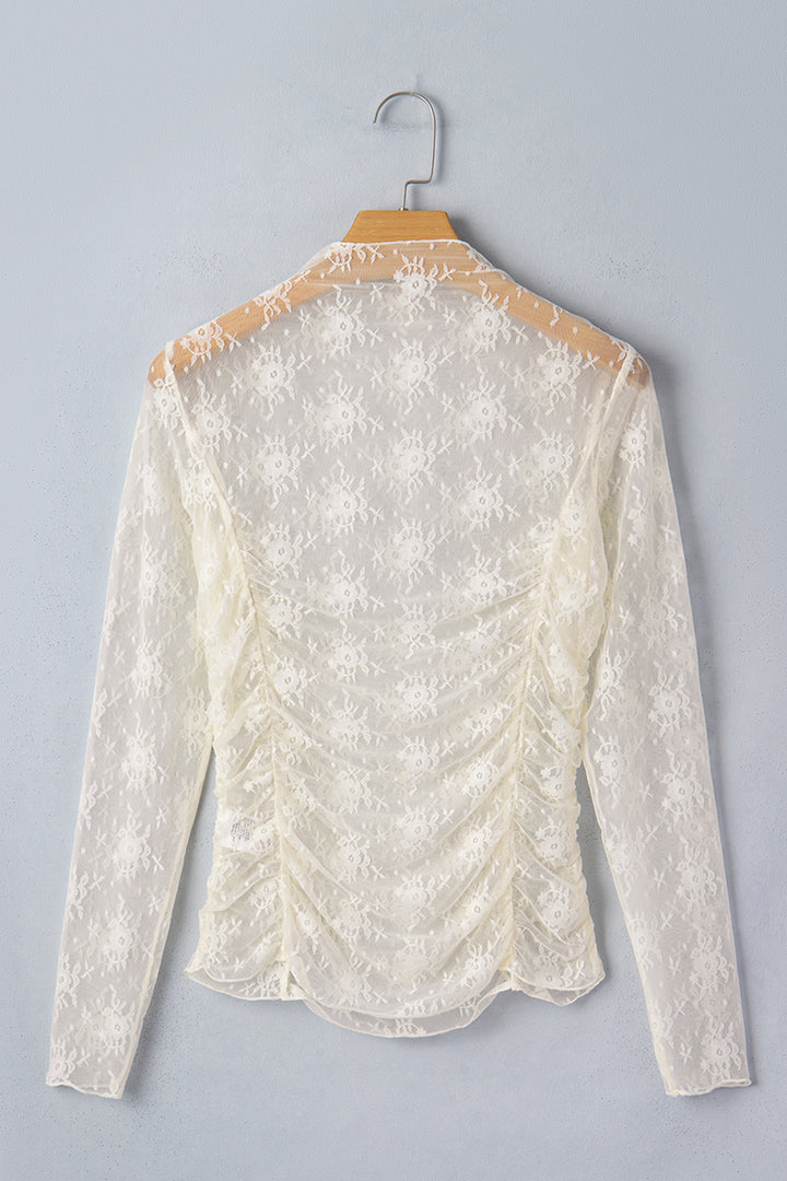 Jet Stream Sheer Floral Mesh Ruched Long Sleeve Top