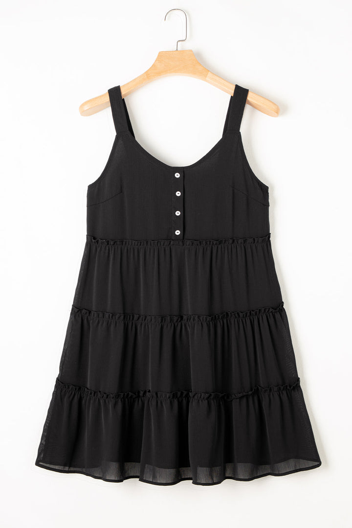Button V Neck Frilly Tiered Sleeveless Dress