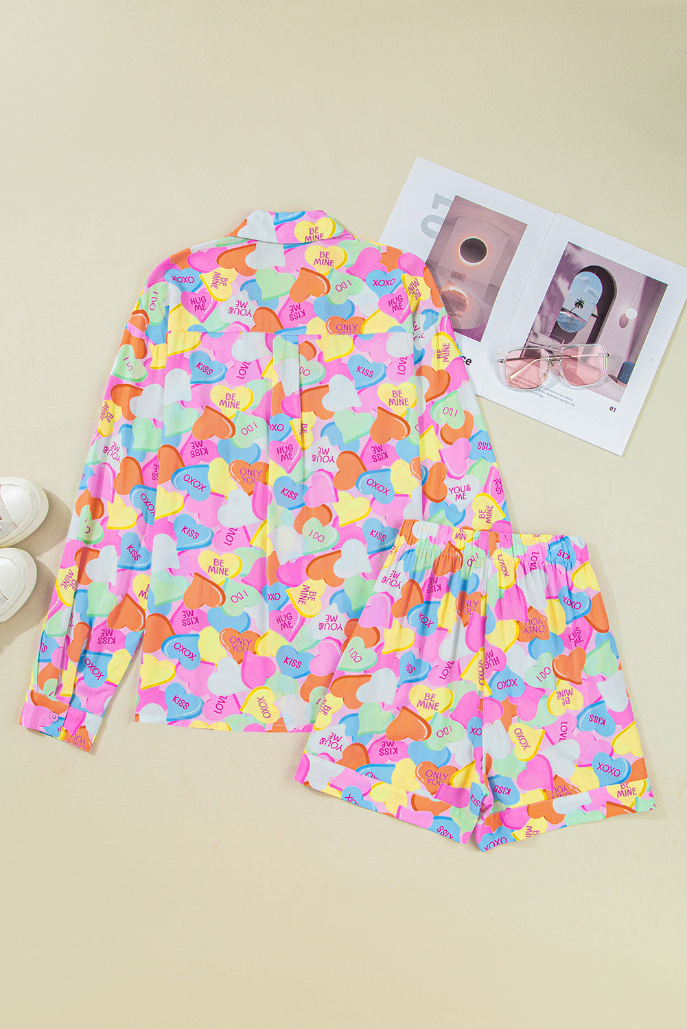 Pink Valentines Candy Heart V Neck Collared Tunic Shirt and Shorts 2pcs Pajama Set